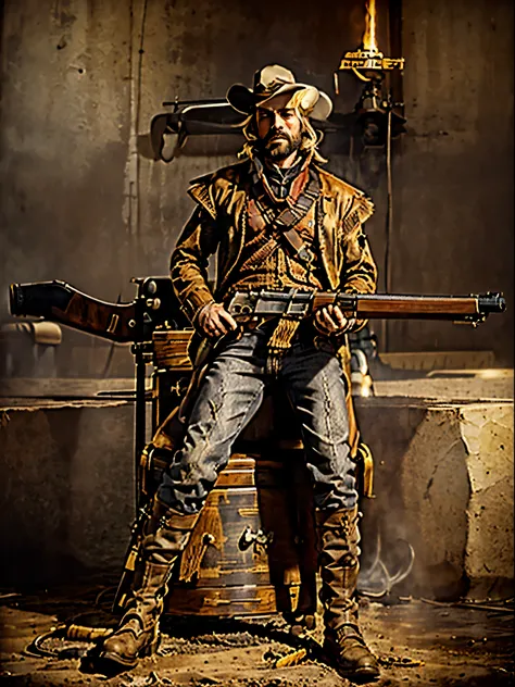 1man, male focus, western outlaw, sitting on a rocket sled, blonde hair, medium hair, grey eyes, scruff beard, (holding a weapon...