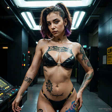 Image designer "ciberpunk & realista". Futuristic representation of a perfectly tattooed woman with high-tech mechanical prosthetics.. Spanish Easter style dressm,  Embrace the cyberpunk aesthetic with neon lights and glowing tattoos, maintaining a realist...