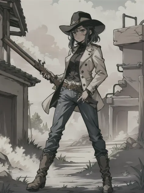 spaghetti western art style, masterpiece, extremely detailed, 1girl, solo, solo focus, alien, black hair, hazel eyes, cowboy hat...