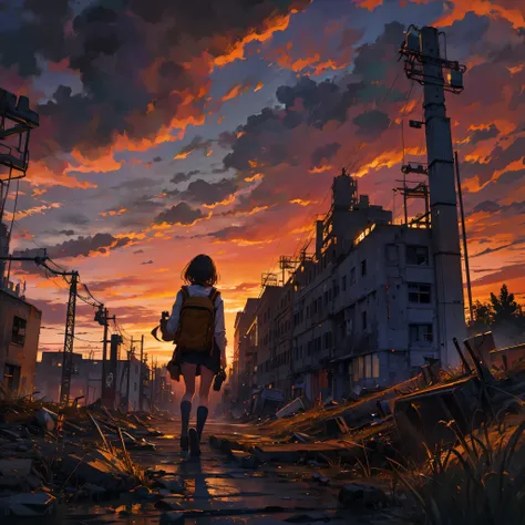 ８K, highest quality, A ruined factory, a wasteland, a girl traveling, carrying a backpack, a fantastic sunset