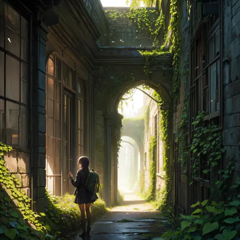 A huge decaying future city, a beautiful girl exploring, the detailed walls covered with ivy and flowers, carrying a small backpack, a fantastic atmosphere. 