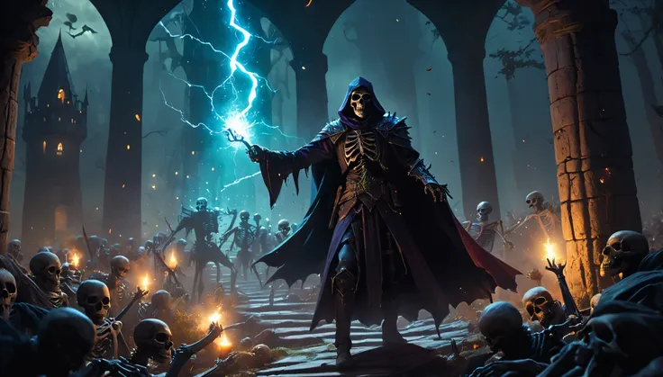 realistic drawing, fantasy world, D&D,,, evil mage, dark, thanks to dark magic he revives the dead to fight the good heroes. you can see the gestures of the hands and the magic that comes out of them. the background is the dark wilderness and the area arou...