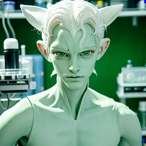 pale humanoid male alien, with pointed ears, green asian eyes, white hair, in a laboratory