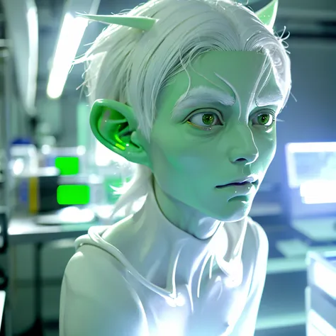 pale humanoid male alien, with pointed ears, green asian eyes, white hair, in a laboratory