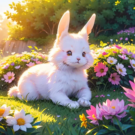 (a cute white rabbit:1.1),(soft furry texture),(bright round eyes),(long ears),(pink nose),(whiskers),(playful expression),(sitt...