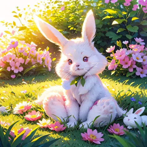 (a cute white rabbit:1.1),(soft furry texture),(bright round eyes),(long ears),(pink nose),(whiskers),(playful expression),(sitt...