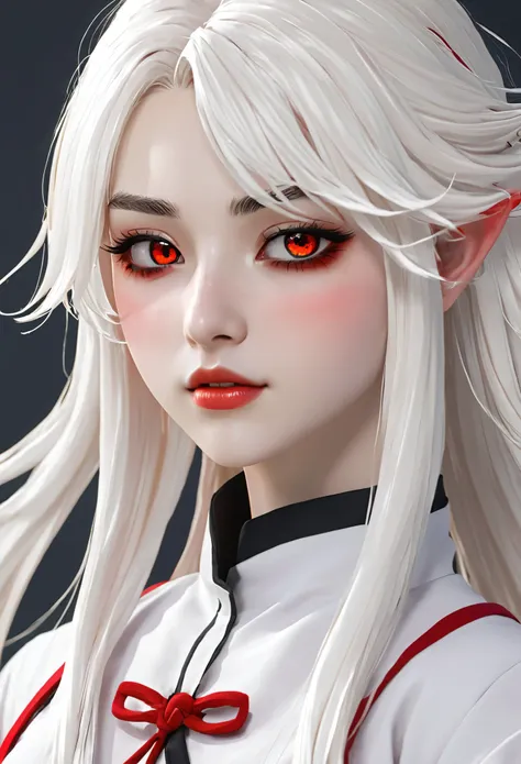 Create a female character that is part of the Demon Slayer anime with the following characteristics:

Tall in height Pale skin Red eyes Long white hair with red highlights Face with a delicate appearance, sweet and gentle Spots near the mouth and eyes For ...