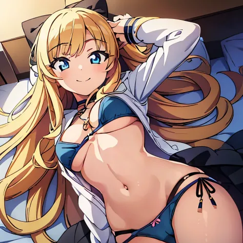 ((masterpiece)), ((best quality)), (ultra-detailed), anime style, look up from below, on the bed, a cute girl, 1girl, solo, underwear00, ((beautiful eyes)), small breast, smile