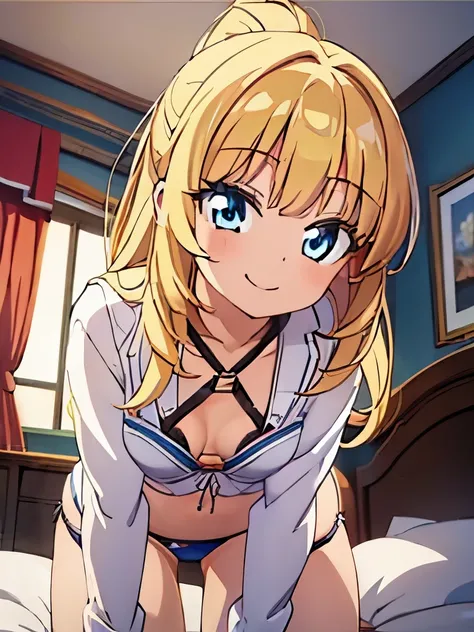 ((masterpiece)), ((best quality)), (ultra-detailed), anime style, look up from below, on the bed, a cute girl, 1girl, solo, underwear00, ((beautiful eyes)), small breast, smile