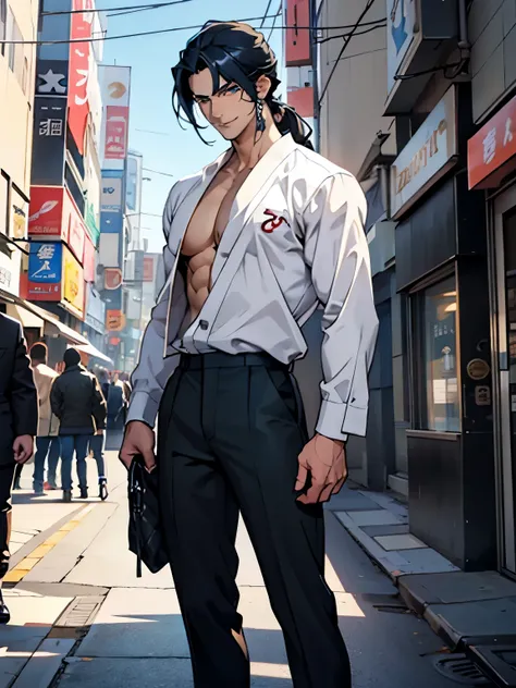 anime guy with long black hair and blue eyes standing on a sidewalk, handsome guy art, anime handsome man, anime portrait of a handsome man, handsome japanese boy, boy smiles very cute, handsome anime pose, young anime man, male anime character, official c...