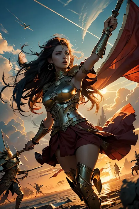 A radiant warrior woman, clad in gleaming Greek armor, proudly hoists a red flag – a symbol of rebellion. Her silhouette conjures the might of the gods, her eyes burning with unwavering determination. In her wake, hope and struggle ignite, preparing to sha...