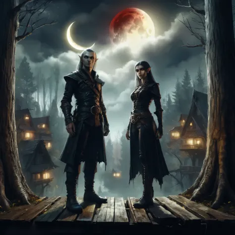 realistic digital drawing, dark fantasy D&D world. forest city in the treetops. cloudy night. city without fire. two moons shine, a smaller red one and a larger yellow one.A pair of thieves, a man and a woman. The woman, a human, young and confident. the m...