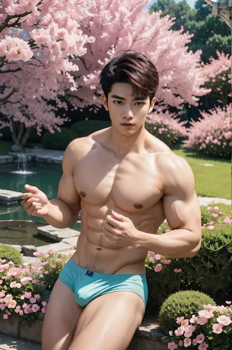 (masterpiece, ultra photo realistic, 4k, 8k, high quality), a asian boy with short stylish pink hair out on a green grass surrounded by flowers, wearing only pink underwear, chinese garden, young face, chinese idol, slim body, large pecs, young boy, handso...