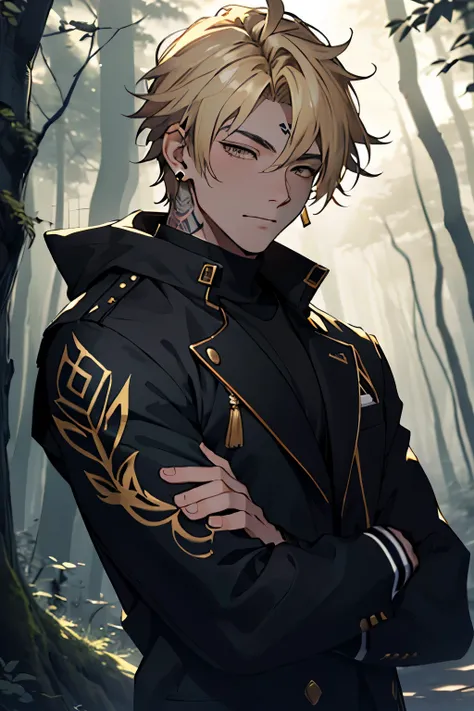 (absurdo, A high resolution, ultra detalhado, HDR),a boy with blonde hair with a black gradient white eyes with closed eyes clothes a black and gold suit with a tattoo on his neck and earrings the background a forest with dark colors along with soft colors...