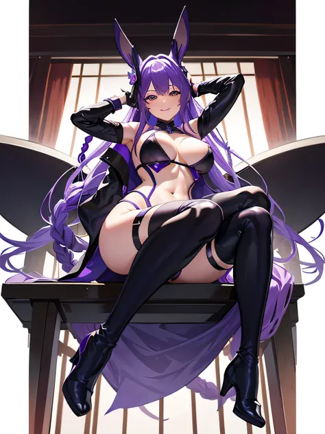 Raiden Shogun, purple hair, one long braid, big breast, black bunny suit, navel visible, view from below, seductive smile, underboob, sitting on chair, bedroom, feet visible, black boots