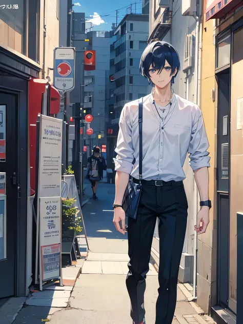 anime guy with short black hair and blue eyes standing on a sidewalk, normal pose, normal model pose, handsome guy art, anime handsome man, anime portrait of a handsome man, handsome japanese boy, boy smiles very cute, handsome anime pose, young anime man,...