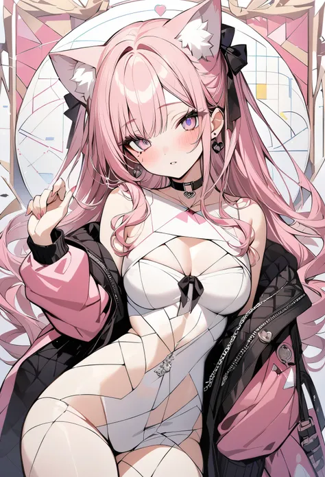 ,beautiful flower々）,mole under eye, heart shaped choker, (masterpiece, highest quality), official art, beautiful and aesthetic: 1.2), (1 girl), very detailed, (geometry art: 1.3), colorful、pink bob hair、Cat ear、 whole body