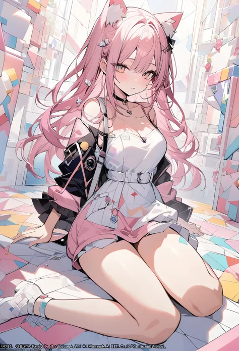 ,beautiful flower々）,mole under eye, heart shaped choker, (masterpiece, highest quality), official art, beautiful and aesthetic: 1.2), (1 girl), very detailed, (geometry art: 1.3), colorful、pink bob hair、Cat ear、 whole body