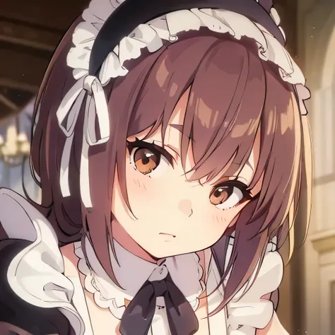 young woman. maid clothes. Brown eyes. Brown hair. calm face. against the backdrop of the palace room.