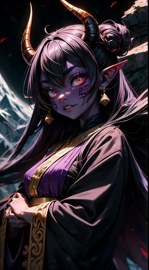 oni, demon girl, tribal face paint, twisted horns, ebony hair, ornate, dusky ((purple skin)), mountaintop, gazing at stars, contemplative, detailed face, dual daggers, flowing robe, wholesome