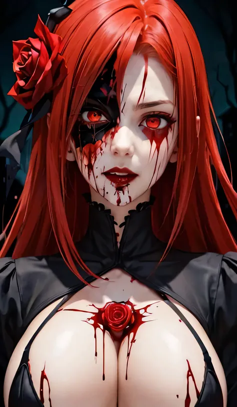 a woman with red hair and blood on her chest, gothic maiden anime girl, demon anime girl, anime vampires, vampire girl, beautiful vampire queen, carmilla vampire, crimson color blood tears, gapmoe yandere grimdark, gothic maiden, blood red eyes, bloody eye...