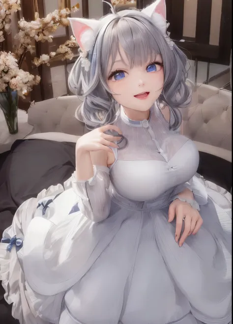 highest quality, masterpiece, looking at the viewer, 1 girl, smile, Open mouth、Virtual YouTuber、with a girl、((highest quality, expensive_solve, clear_image)),(gray hair), (white cat ears), (Ahoge), (ridiculously short hair), (wavy hair), (blue eyes),、anxio...