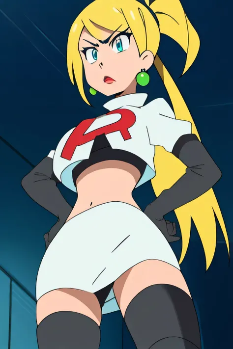 8k, masterpiece,highres,very large breast, team rocket uniform, red letter r, white skirt,white crop top,black thigh-high boots, black elbow gloves, glaring angrily, looking down at viewer, hands on hips, cowboy shot, zettai ryouiki,from below, black panti...