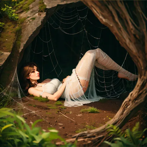 1girl,Spider weaves a net on a girl, very realistic, very detailed,bed,stretched, dark cave, struggle in the net,brown haired, very long sheer skirt,lying down,