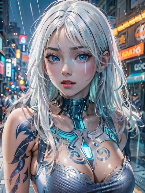 (photorealistic:1.8, highest quality:1.8,8K masterpiece:1.8,High resolution,muste piece:1.8,RAW Photos,cinematic lighting),No split screen, cyber punk、Back alley of the city at night、rain-soaked ground、vapor、 (1 android girl:1.3)、Completely naked、Full body...