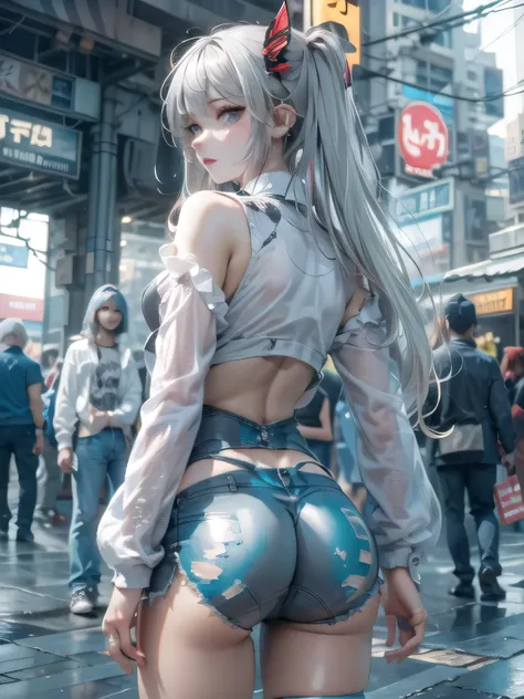 (photorealistic:1.8, highest quality:1.8,8K masterpiece:1.8,High resolution,muste piece:1.8,RAW Photos,cinematic lighting),No split screen, cyber punk、Back alley of the city at night、rain-soaked ground、vapor、
(1 android girl:1.3)、Completely naked、Full body...