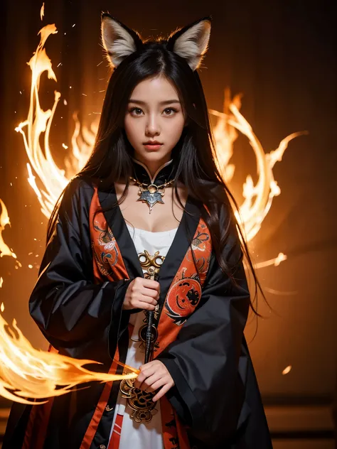 1girl,solo,, official art, unity 8k wallpaper, ultra detailed, beautiful and aesthetic, beautiful, masterpiece, best quality,, Kitsune witch, fox mask, haori jacket, foxfire spell, fox familiar, transformation,