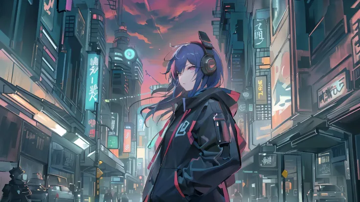 masterpiece,anime-style illustration showing a young woman in her 20s wearing a black hoodie and hood, facing right, stand in th...