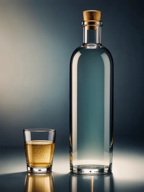 Una botella de vidrio con lingotes de oro adentro, hyperrealistic photography 