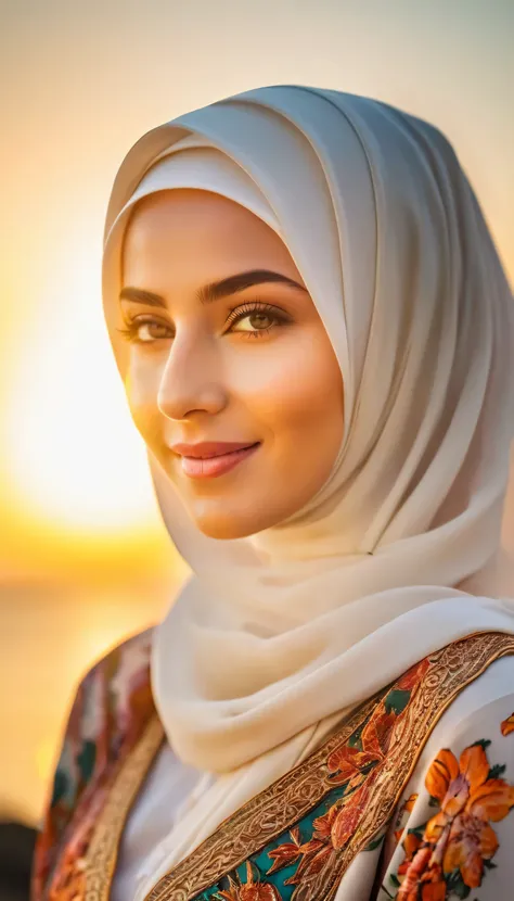 8K Ultra HD, a young beautiful lady with a long islamic dress, pale skin , warm smile, beautiful face ,wearing hijab , sunset coast should serve as the underlying backdrop, with its details incorporated into the goddess , crisp lines, The background is war...