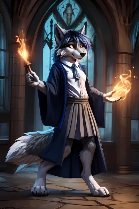 ((by Hioshiru)), (wolf:1.4), ((anthro)), 4k, detailed, intricate, (female), (masterpiece), best quality, (detailed eyes:1.4), SFW, (hogsks), hogwarts, harry potter, (((ravenclaw))), uploaded on e621, digitigrade, girl, castle, light belly fur, ((grey fur))...