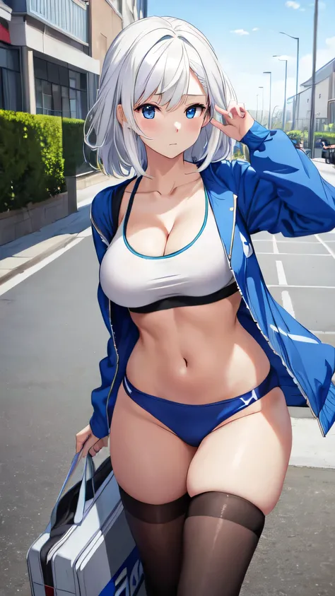 (((masterpiece))),fuyumi itadori, Anime girl characters, 1girl, solo, looking at viewer, medium hair, white hair,blue eyes, long sleeves, cleavage, bigger breasts, closed mouth, collarbone, jacket, open clothes, open jacket, blue jacket, ground vehicle, sp...