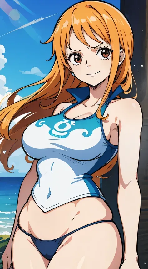 Gere uma imagem realista de Nami em estilo anime de One Piece. Capture seu visual distinto com cabelo laranja, uma camisa listrada azul e branca, and a happy expression. Certifique-se de que a imagem reflita sua personalidade aventureira e confiante, confo...