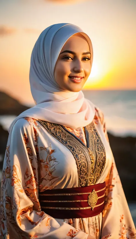 8K Ultra HD, a young beautiful lady with a long islamic dress, pale skin , warm smile, beautiful face ,wearing hijab , sunset coast should serve as the underlying backdrop, with its details incorporated into the goddess , crisp lines, The background is war...