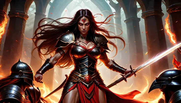 Dungeons&Dragons, dark fantasy, (best quality,highres,ultra-detailed,realistic:1.37), (fighting scene),, ancient woman,  very strong and muscular, god of death, powerful, majestic, angry, wearing a ancient skirt and tunic, sandals with high-tied laces to t...