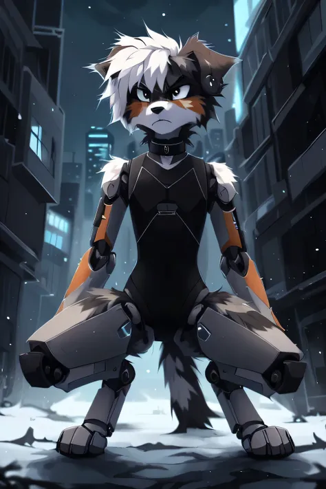 dark snowy city, ((by reysi)), furry, solo, ((australian shepard)), detailed dark fur, ((teen)), ((male)), ((full body)), ((robo...