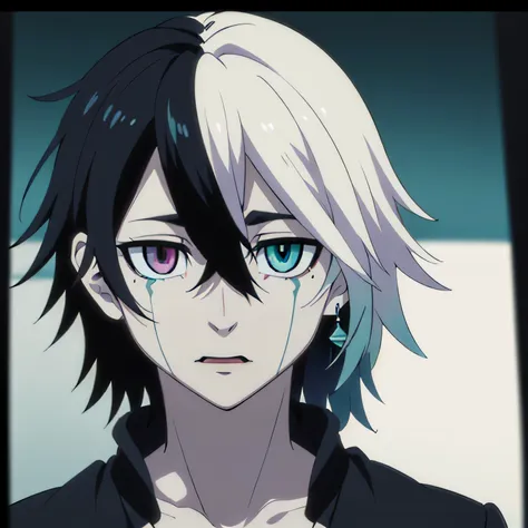 anime,1boy,((light aqua blue hair, short hair)), (((heterochromatic eyes, colored eyes))),earring, black jacket with red details...