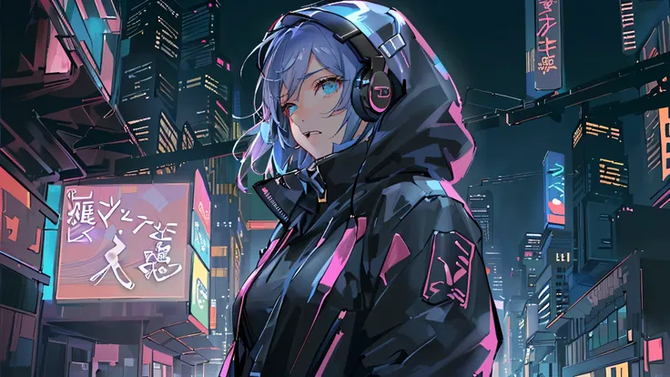 masterpiece,Anime-style illustration showing a young woman in her 20s wearing a black hoodie and hood, facing right, Stand in the middle of the street in a cyberpunk nightlife district. sheはピンクがかった黒髪の長い髪を持っています、Wearing pink glowing headphones. big breasts、...