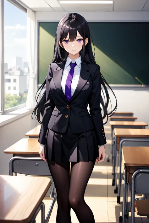 1 beautiful woman, long black hair, purple eyes, high school outfit, black blazer, black skirt, purple tie, large bust, wearing black tights, inside the classroom, calm expression, high definition