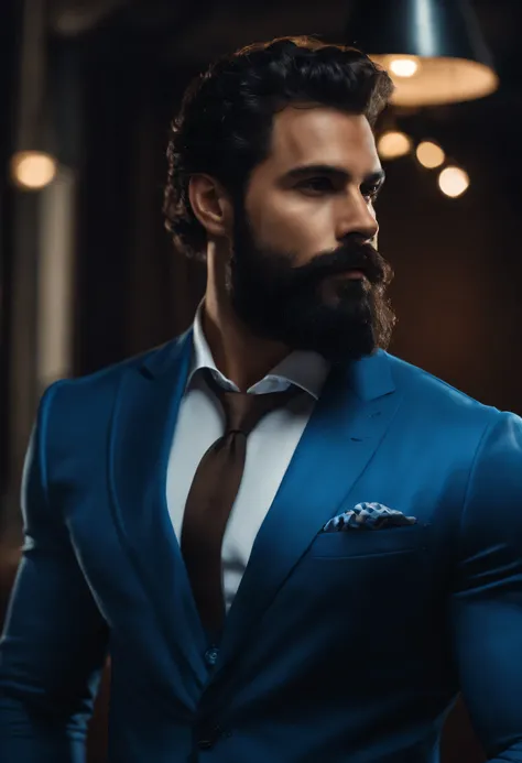 realista (Homem musculoso:1.1)  wearing a blue elegant suite , homen  bonito, muscular , Black Beard, intrincada, retrato, cabelo curto, joia, Em uma boate, spot iluminando a cena, fundo detalhado, detalhes intrincados, (illustration), obra de arte, high r...