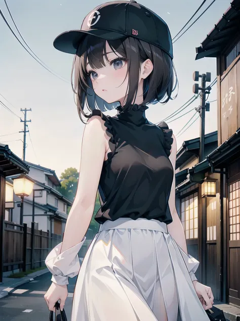 A 28-year-old Japanese woman is walking down the street.、she is wearing casual clothes、She wears a cap with a black brim and a white front.、she is wearing a long black skirt、She is wearing a peplum blouse、Shes looking at us、She is a slender woman with dark...