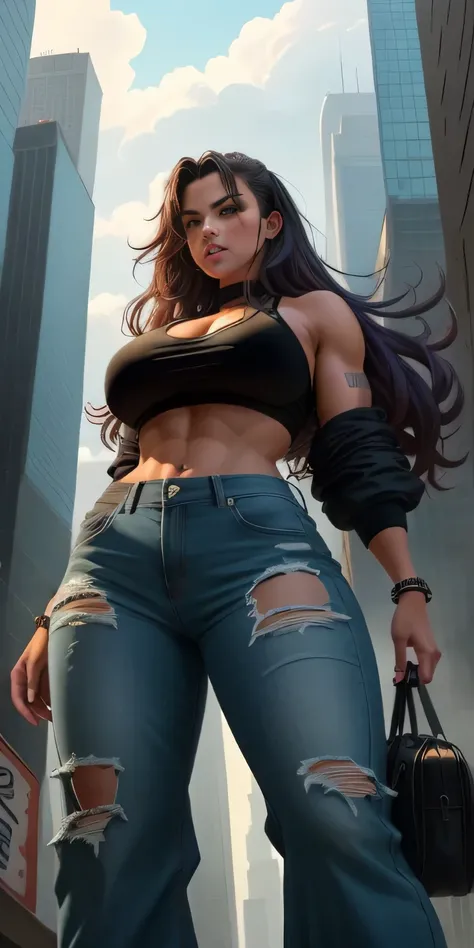 "A towering Giantess in a cool and laid-back hippie style is rocking a crop top and baggy pants. Her toned and athletic build hints at her massive strength. She seems to be casually strolling through the bustling cityscape of GTS City, as towering building...