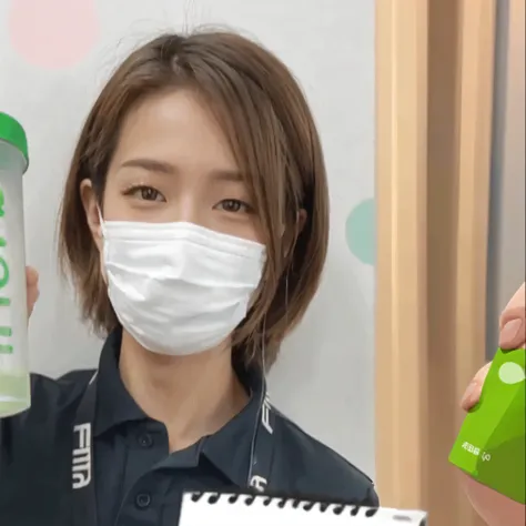 An arafe woman wearing a black shirt holding a can of green tea, Chiho, Sui Ishida, with short hair, motto hole, cute - well-groomed - face, wearing a mask, harumi, wearing face mask, pretty face, face mask, sayori, Beast, tsugumi ohba