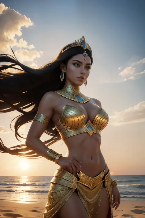 In the heart of Ancient Egypt, amidst the swirling winds and golden sands, two elegant princesses clash with fierce determination. The sun sets, casting long, dramatic shadows over their magnificent forms. The first princess, a radiant and glorious young w...