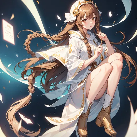 {{{A summoner wearing a white robe, a girl with brown hair, brown eyes, and one braid in the back, wearing brown boots.}}}