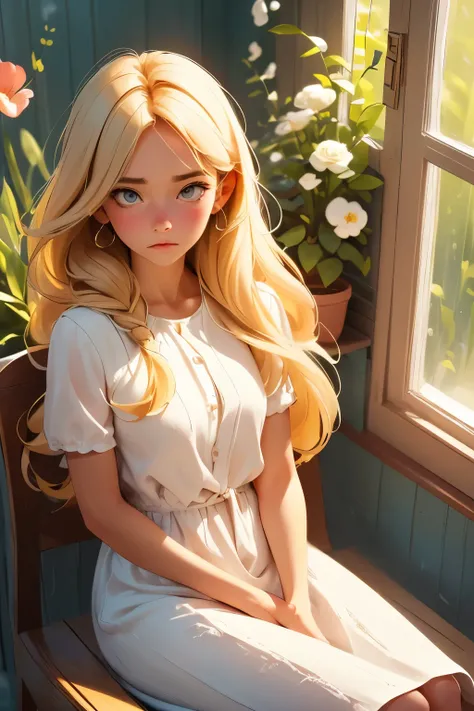 best quality,very detailed,realistic:1.37,Girl looking out the window with her head in her hands,Wearing a white linen dress,long blonde hair falling over her eyes,in a sad scene,I feel lonely,soft,calm color palette,Soft and natural lighting,create a gloo...